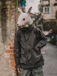 Rabbit Sense Spring Autumn Loose Casual Mens Solid Color Workwear Jacket Retro Functionality Trendy Hooded Zipper Sleeve Style