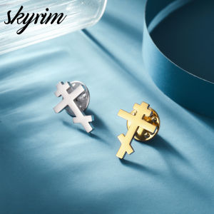 SKYRIM Cross Brooch 25x18MM 18K Gold Plated Titanium Stainless Steel Pin Fashion Jewelry