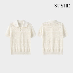 SUSHE | Vintage College Style Lacework Peter Pan Collar White Knit Short Sleeve Top