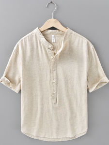Mens Linen Shirt Summer Casual Loose Thin Short Sleeve Stand Collar Cotton Linen Casual Loose Top Fashion Urban Style Breathable Lightweight