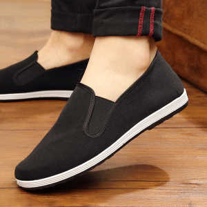 Beijing 2024 Mens Casual Cotton Shoes Black Traditional Breathable Anti-slip Rubber Bottom Flat Heel round Toe Plain Color