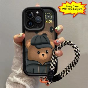 casing hp OPPO A5 A9 2020 terbaru 2025 Topi Brown Bear kartun yang lucu Anti -fall Lanyard Model wanita