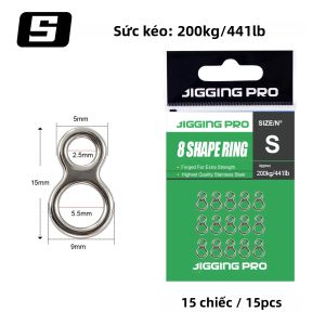 JIGGING PRO | Bộ 15 Móc Câu Hình Số 8 Chắc Chắn JIGGING PRO Cỡ S/M/L Thép Không Gỉ Siêu Bền Móc Phụ Trợ Câu Cá Vòng Nối Cho Câu Cá.