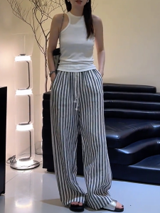 American Style High Waist Striped Wide Leg Casual Pants Women Summer New Loose Slimming Floor-Length Trousers Commute Style