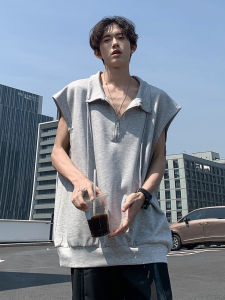 Áo Vest Không Tay Cổ Bẻ Khóa Nửa Cho Nam Mùa Hè Phong Cách Mỹ Cổ Điển Rộng Rãi Cleanfit Không Tay Áo Khoác Vai T-shirt