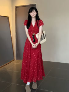 PEIZIXUAN | French Red Floral Long Summer Dress