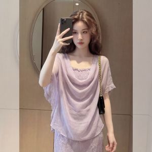 YIKEMAI | Purple Lace Blouse with Floral Edges and Spaghetti Straps Plus Size Summer Top
