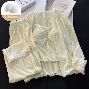 Xanh Lá Ren Đồ Ngủ Nữ Mùa Xuân Mùa Thu Nguyên Chất Cotton Vải Bông Dây Đeo Vai Tay Dài Dễ Thương Bộ Ba Món Có Thể Mặc Bên Ngoài Quần Áo Gia Đình