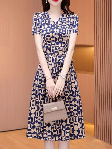 MAIMEI | Elegant Summer Dress Luxury High Waist A-Line Skirt Polyester Fiber Short Sleeve V-Neck Commute Friendly Korean Style