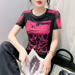 Ice Lụa Lưới Áo Thun Ngắn Tay Nữ Thời Trang Mùa Hè Ôm Vừa Vặn Áo Sơ Mi Cơ Sở Thời Trang Áo Sơ Mi Nhỏ Phong Cách Đường Phố Độ Dày Thông Thường