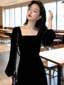 Elegant Black Velvet Square Neck Long Dress Womens Fashion Spring Autumn Winter High Waist A-Line Skirt Soft Fabric Dress