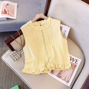 French Style Wooden Ear Patchwork Sleeveless Shirt Womens Summer Careful Machine Cut Out Chic Shirt Loose All-Matching Sleeveless Tops