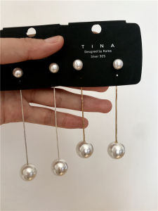 ต่างหูแบบยาวหรูหราประดับไข่มุกหลากขนาดแบบเกาหลี ต่างหูรูปห่วงระย้าสไตล์สากล 925 เงินแท้ ต่างหูแฟชั่นสำหรับผู้หญิง