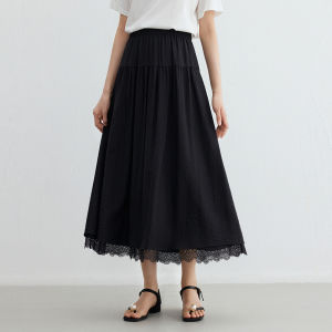Designice Lace Patchwork Midi Skirt Elegant Pure Color Commute Friendly Womens High Waist A-Line Skirt Summer New Arrival