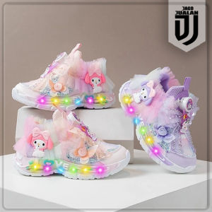 Sepatu Sneakers Rotasi Anak MELODY Lampu LED Lucu / Sepatu Kets Anak Perempuan Fashion Karakter Cute / Sepatu MENYALA Anak Balita Cewek Pita Kuromi / Sepatu Baby Casual Wanita Sol Menyala Model Tali Putar / Sepatu Running Anak LED Gliter Cantik Trendy