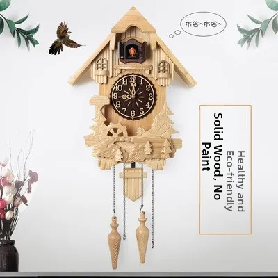 European Style Carved Wood Cuckoo Clock Hanging Wall Clock Childrens Room Living Room Music Hour Chiming Clock Swinging Creative Cuckoo Clock