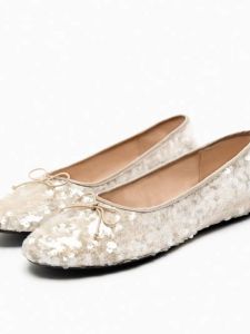 Giày Đế Bằng Nhung ZAKQ Màu Vàng Nhạt Đính Sequin Giày Nữ Đế Mềm Giày Bốt Mềm Mại Giày Bốt Mềm Mại Đính Nơ