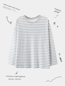 Womens Pure Cotton Sleepwear Top Loose Long Sleeve Striped T-shirt Spring Autumn Casual Home Clothes Outerwear Single Piece