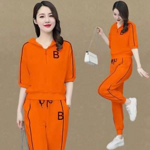 Summer New Style Womens Sportswear Set plus Size Slimming Trendy Cuffed Pants And Top Two-Piece Ensemble Polyester Fabric