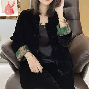 New Chinese Style Short Velvet Jacket Spring Autumn Wide Lady Open Cardigan Retro Atmosphere Mommy Clothes plus Size