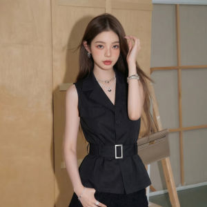 GUZILIAN | Retro Loose Style Polo Neck Fitted Slim Waist Vest Summer Fresh Shirt