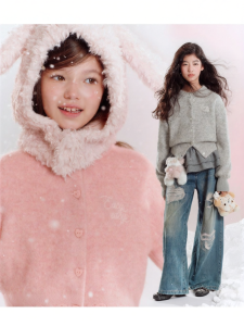 LOVESASAKIDS | Autumn Winter Stylish Long-Hair Heart Button Lantern Sleeve Knitted Cardigan