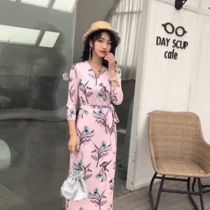 NUNA Women Floral Maxi Dress Lace-up Slim Bohemian Wrap Long Dress Casual