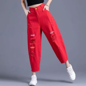 High Waist Embroidered Hole Denim Pants Womens Loose Straight Leg Red Color Spring Autumn New Style Dad Jeans Nine Points