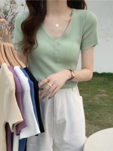 Summer New Arrival Western Style All-Matching K-style V-neck Short Sleeve T-Shirt Womens Slim-Fit Ice Silk Knitting Inner Bottoming Shirt French Fashion