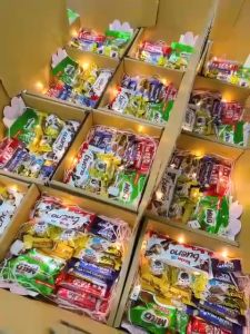 Semua Dalam Satu Coklat Kotak Hadiah dengan Lampu Hiasan patung jambangan bunga kering kecil All in One Chocolate Gift Box Craft Theme with Warm Fairy Light & Babys Breath Bouquet Birthday Chocolate Gift Box