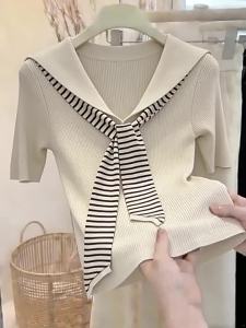 TIANANQI | Design Navy Collar Striped V-Neck T-Shirt