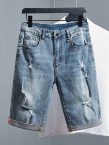 LIIEN NOOS | Elastic Denim Shorts For Men Straight Loose Fit Ripped