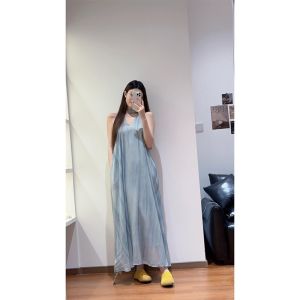 ชุดเดรสยาวคอวีแขนกุดสไตล์ฝรั่งเศสสำหรับผู้หญิง ทรงหลวม ทรงเข้ารูป ทรงเอ ผ้าชีฟอง ฤดูร้อน 2025 ชุดเดรสยาวคอวีแขนกุด