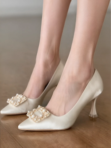 Comfortable Apricot Satin Stiletto Heels for Women Pointed Toe Bridal Pumps Wedding Shoes Fit Xiuhe Outfit & Wedding Dress for Bridesmaid
