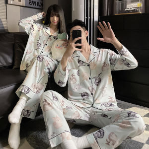 Couple Pajamas Womens Spring and Autumn Ice Silk Long Sleeve Fancy Cute Plus Size Men Thin Summer Home Wear Suit