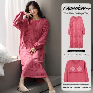 miiow | Cat Woman Cotton Sleep Dress Womens Spring Autumn Casual Wearable Home Clothes Nightgown With Chest Pad Round Neck Long Sleeve