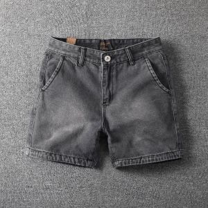 Summer Vintage Cotton Denim Shorts Mens Washed Slim Fit Ultra Short Four Parts Casual Straight Leg Jeans mid Waist Zipper