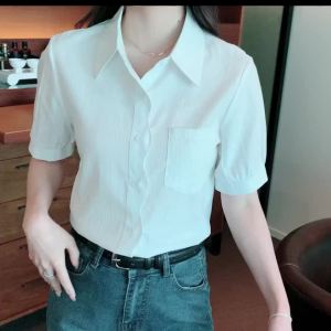 AMMIN 2025 Summer New Chic Curved Single-Breasted Design Commuter Short Sleeve Cotton Shirt for Women Korean Style Simple Turn-Down Collar Fashion Striped Texture Elegant Blouse