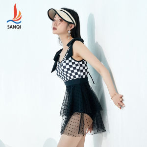 Luoke mesh women swimsuit skirt ladies one piece bow sling checkerboard spa swimwear