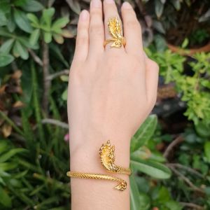 แหวน กําไล พญานาค 7เศียร ทอง ตาฝังพลอย ฟรีไซด์ ปรับได้ ใส่ได้ทุกไซด์ งานหุ้มทองแท้หนา 5 ไมครอนไม่ลอกไม่ดํา ผ่านพิธีแล้ว