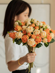 South Cross European Style Oil Painting Rose Artificial Flower with Edge Browning Living Room Decorative Tabletop Flower Arrangement