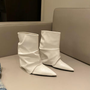 Silver High Heel Chunky Boots Womens Ankle Booties Sharp Pointed Toe Mid-Calf Booties for Small Stature Pants Leggings