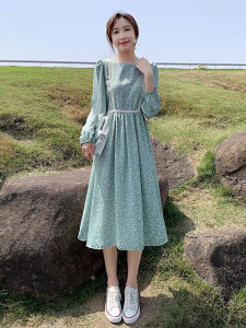 Elegant Green Floral Print Chiffon Dress Womens Slimming Long Sleeve Midi Skirt Korean Style Commute Bubble Sleeve V-neck Dress