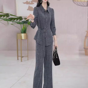 MAIMEI | Fashionable Two-Piece Set For Women Elegant Luxury Feel Spring Autumn Long Pants Polyester Fabric Button Closure Polo Neck