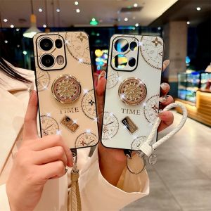 Case for OPPO Reno13 Pro Reno13 5G New Time Inlaid Small Rhinestone Ring Bracket Phone Back Cover with Hand Ropes Anti-drop Shockproof Protective Case