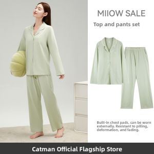 MiiOW | Pure Cotton Womens Sleepwear With Chest Pad Summer Long Sleeve Long Pants Home Clothes Spring Autumn Seasonal Comfortable