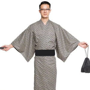 Summer Grey Japanese Traditional Samurai Kimono For Men Yukata Bathing Robe Hekoobi Loose Style Homewear Belt Long Gown Cotton