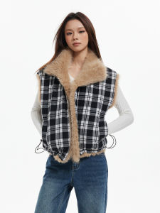 Apea | Plaid Lining Two-Sided Wear Warm Standing Collar Faux Fur Jacket With Scarf