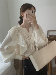 MINOSA Women Elegant Sweet Beige Ruffle Shirt Round Neck Puff Long Sleeve Blouse Korean Style Loose Plain Top M-2XL