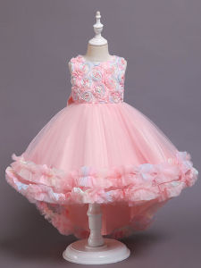 Elegant Childrens Dress Pink Gown Tailcoat Dress Girls High-end Host Short Front Long Back Performance Outfit Princess Style Polyester Cotton Blend